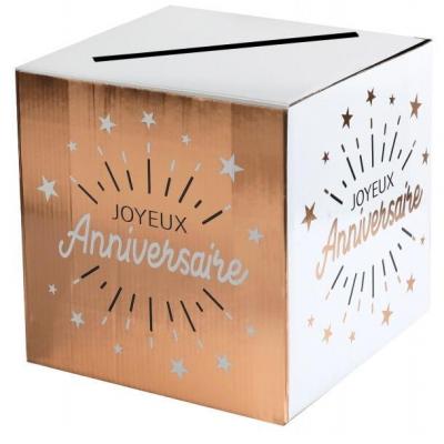 Tirelire urne joyeux anniversaire blanc et rose gold métallique (x1) REF/6652