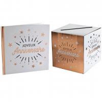 Tirelire urne livre d or joyeux anniversaire rose gold blanc