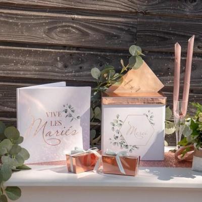 Urne tirelire mariage champetre bucolique blanche verte et rose gold metallique