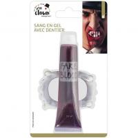 Tube de faux sang rouge avec dentier de vampire halloween