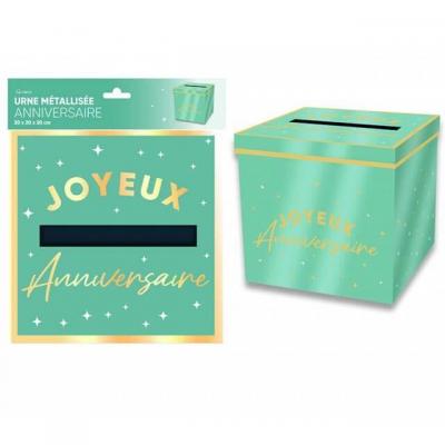 Urne24 tirelire joyeux anniversaire vert mint et dore or metallique
